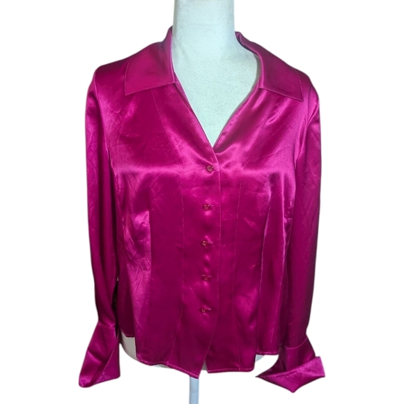 luxury Silk Blouse Elegant Barbiecore Classic Pink Button Up Sz 12 - Picture 7 of 8